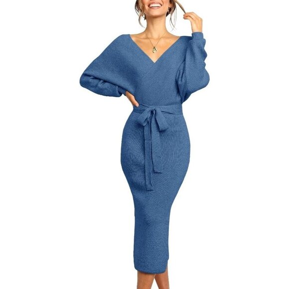 Dresses & Skirts - Women's Sweater Dress Wrap Batwing V Neck Slit Bodycon Dress Jeans Blue